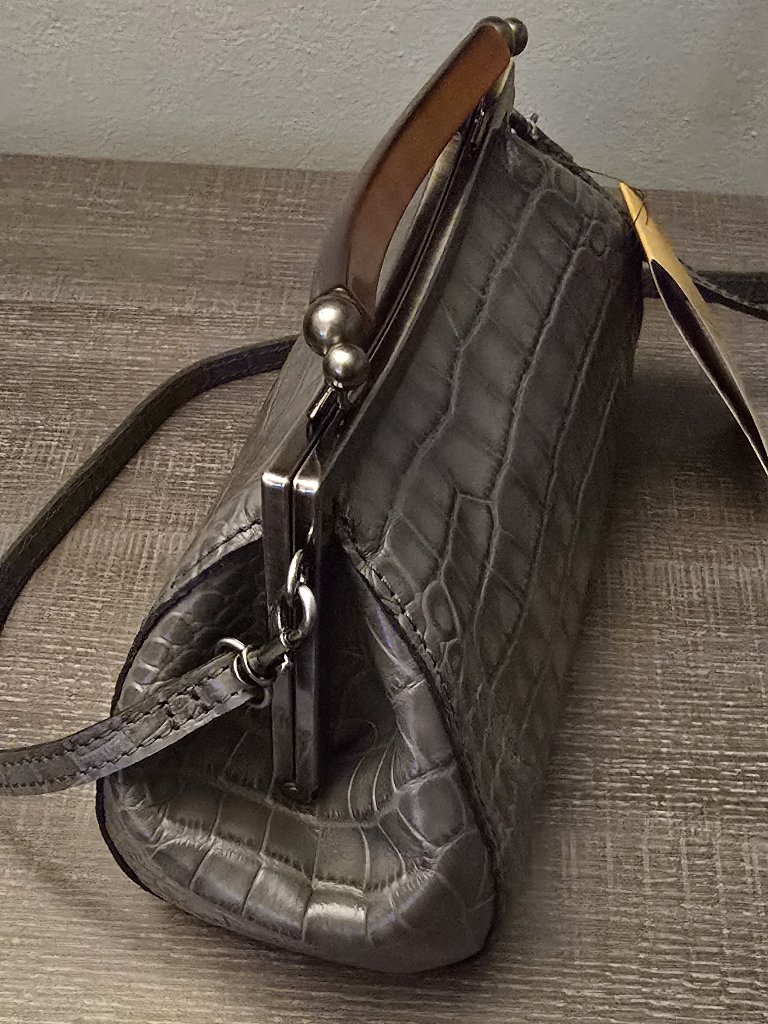 Patricia Nash Kelmscott Smoke Gray Leather Crossbody Bag Frame Top